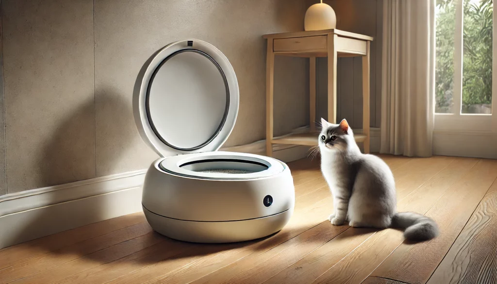 dall·e 2024 12 01 14.56.05 a realistic depiction of a modern self cleaning cat litter box inspired by the design of the litter robot 4. the litter box is round with a sleek and