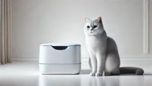 dall·e 2024 12 10 23.33.20 a very simple and minimalistic image of a cat sitting calmly next to a modern, sleek self cleaning connected litter box. the background is clean and b