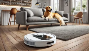 dall·e 2024 12 14 20.55.45 a modern and clean image of a robotic vacuum cleaner actively cleaning a bright and cozy living room. the vacuum is sleek and high tech, with an immac