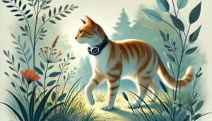 dall·e 2024 12 17 01.05.19 an elegant and visually appealing illustration of a cat exploring outdoors while wearing a modern gps collar. the cat is depicted in a natural setting